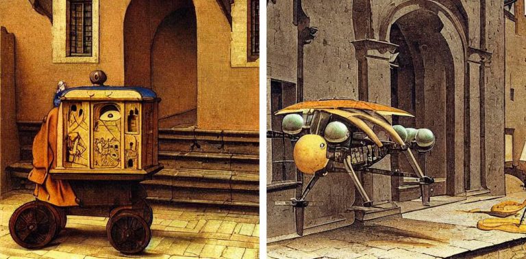 Prompt: "a painting of a delivery robot in a medieval city, albrecht duerer."